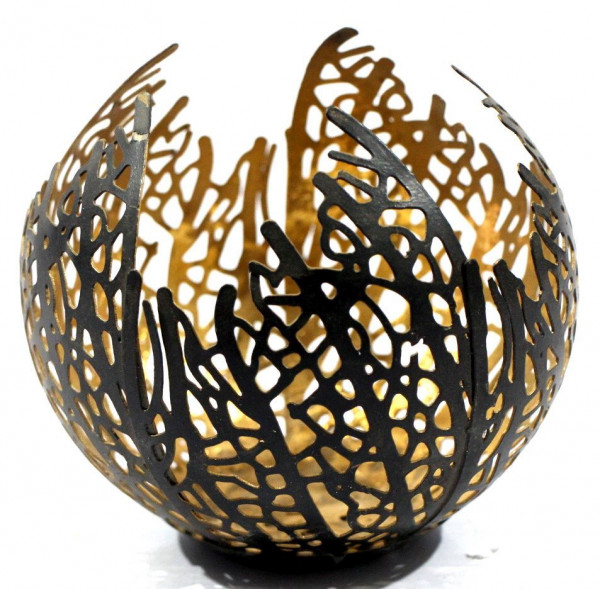 Teelichthalter Windlicht in moderner Form schwarz/Gold aus Metall Höhe 12 cm