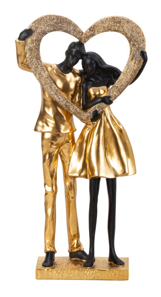 Sculpture couple standing with heart in hand gold cast stone height 35.5cm width 18cm