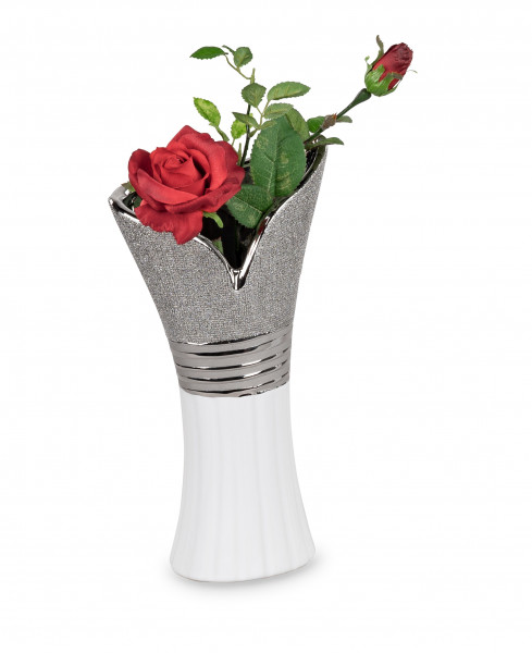 Moderne Dekovase Blumenvase Tischvase Vase aus Keramik weiß/silber 16x30 cm