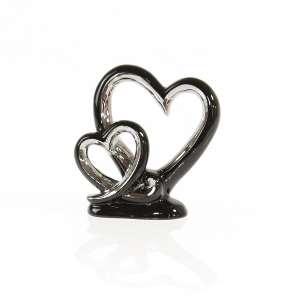Moderne Skulptur Dekofigur in Form von zwei Herzen aus Porzellan schwarz/silber 15x15 cm