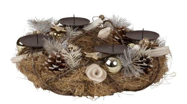 Christmas Advent wreath made of several materials round with pink/green/brown decoration for tea lights diameter 34 cm