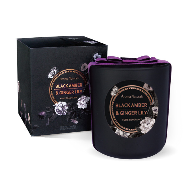 Scented candle NOIR | Black Amber &amp; Ginger Lily | Height 9 cm, Ø 7.5 cm | Wax weight 160gr | Burn time 25-30 hours | Environmentally friendly &amp; 100% soy wax