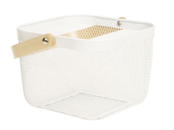 Storage basket with handle for clothes decoration or accessories white made of steel and wood 24x24x17.5 cm