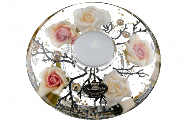 Moderner Teelichthalter Windlichthalter aus Glas mit Rosen Orange/Gold Durchmesser 12 cm
