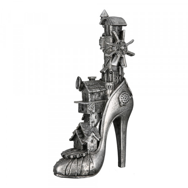 Exclusive sculpture decoration figure high heel in a cool design made of artificial stone in silver 14x24 cm