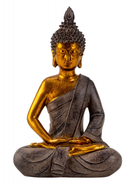Moderne Skulptur Dekofigur Buddha aus Kunststein Gold/grau Höhe 26 cm Breite 17 cm