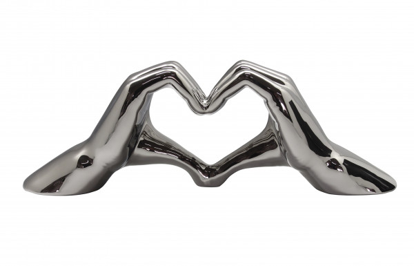 Moderne Skulptur Dekofigur Hand Heart XL aus Keramik Silber 45x15 cm