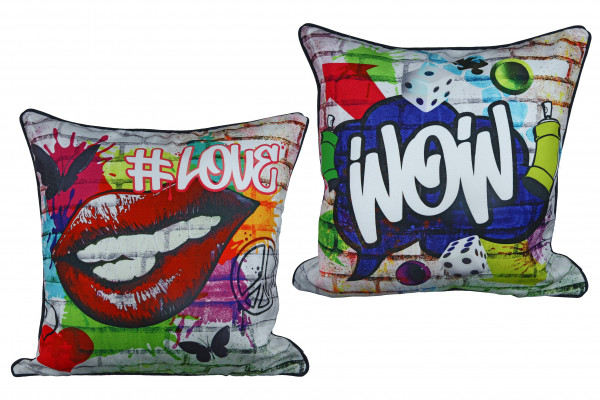 Decorative cushion sofa cushion in a modern street art look made of polyester with multicolored print 45x45 cm *1 piece