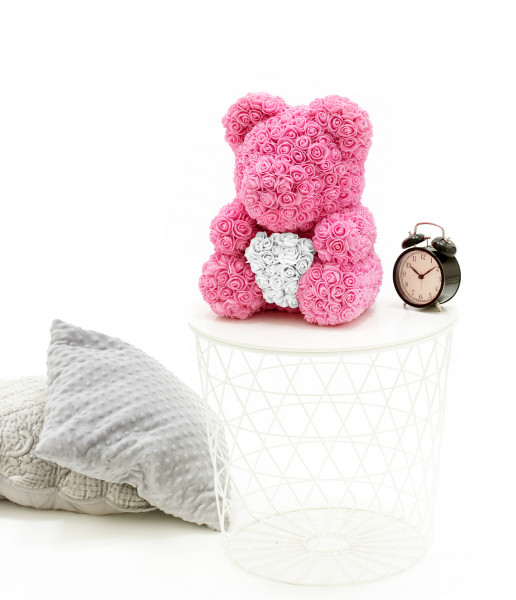 Rosenbär flower bear teddy bear height 40 cm made of artificial roses great gift option (pink/white)