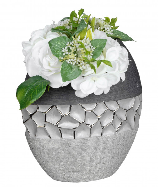 Moderne Dekovase Blumenvase Tischvase Vase aus Keramik Silber glänzend und matt 19x22 cm