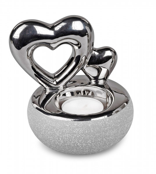 Moderner Teelichthalter Teelichtleuchter als Herz aus Keramik grau/silber Höhe 12 cm