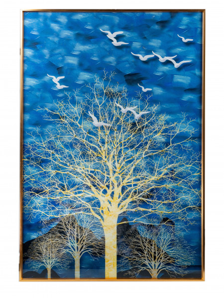 Wonderful mural landscape including a golden metal frame, glass pane refined with attached crystal stones 60x90 cm