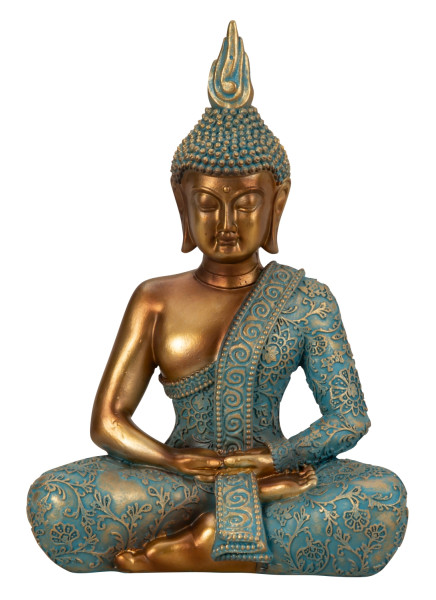 Sulptur Dekofigur Buddha aus Kunststein gold/grün Höhe 25cm Breite 17cm