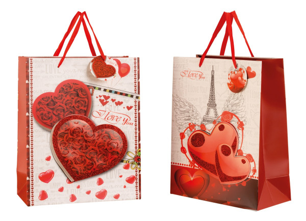 Modern gift bags hearts and love with glitter in a set of 4 dimensions 26x32x12cm