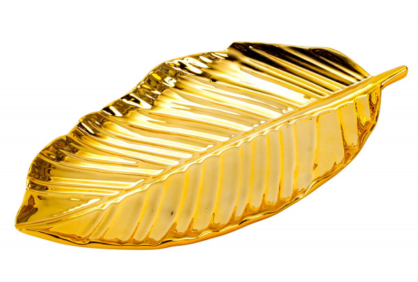 Moderne Dekoschale Obstschale Schale Blatt aus Porzellan Gold 31x16 cm