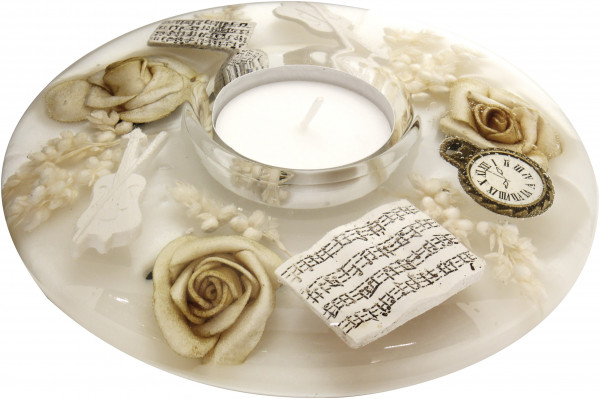 Moderner Teelichthalter Windlichthalter Musik weiß/gold aus Glas Durchmesser 13 cm