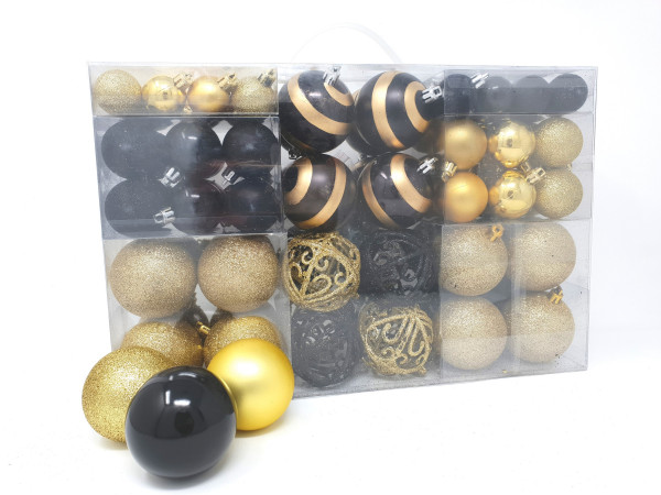 100 Christmas balls 2 colored black and gold matching with hooks shiny up to Ø 6 cm