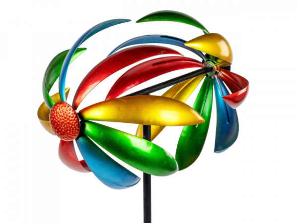 Pinwheel wind chimes as a garden plug made of metal blue orange red yellow with a length of 168 cm diameter 36 cm