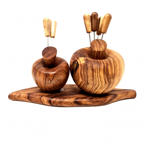 Fondue forks 6 pieces with olive wood handles including matching storage in the shape of an apple 12x8 cm made of olive wood