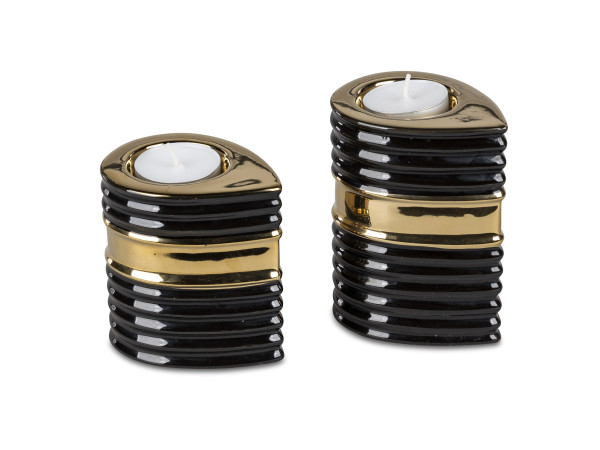 Moderner Teelichthalter Teelichtleuchte Windlicht im 2er Set aus Keramik schwarz/Gold Höhe 9x11 cm