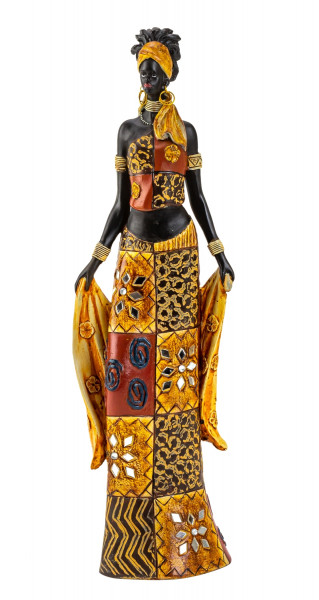 Moderne Skulptur Dekofigur Frau Afrikanerin stehend mit bunten Kleidern und Tuch Höhe 35 cm