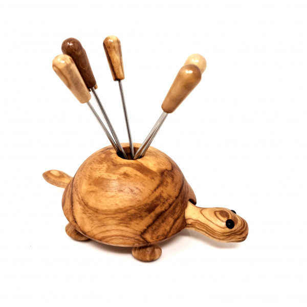 Fondue forks 6 pieces with olive wood handles including matching storage in the shape of a turtle 12x8 cm made of olive wood