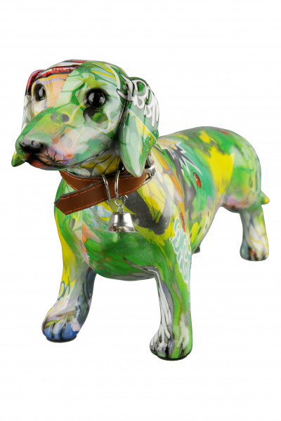 Moderne Skulptur Dekofigur Dackel Hund POP Art aus Kunststein Mehrfarbig 34x19 cm