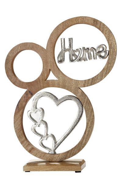 Modern sculpture decoration figure heart and lettering Home made of aluminum on a base made of mango wood silver / brown 30x39 cm cm