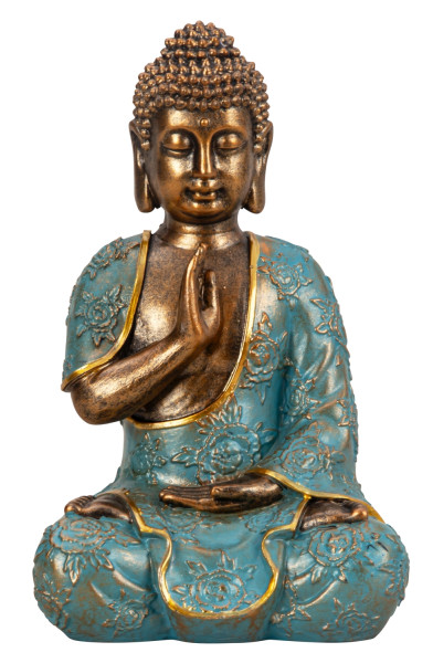 Buddha sculpture decorative figurine made of cast stone gold/mint green height 23cm width 14cm