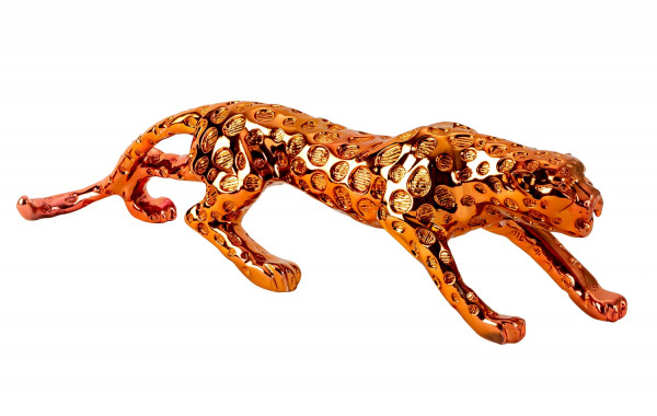 Modern sculpture decorative figure leopard made of artificial stone, bronze-colored length 55 cm