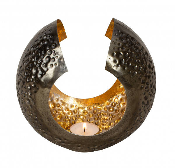 Tea light holder lantern in a modern shape brown/gold made of metal 18x17 cm