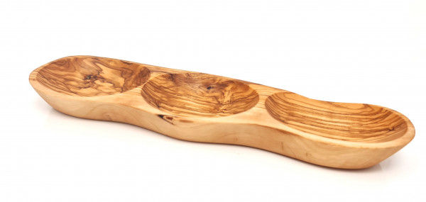High quality olive wood snack bowl, dip bowl, dessert bowl with 3 inlets 33x10 cm